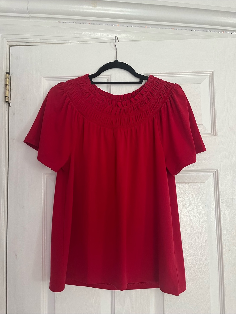 Red Ann Taylor Shirred Neck / Optional Off the Shoulder Short Sleeve Women's Top